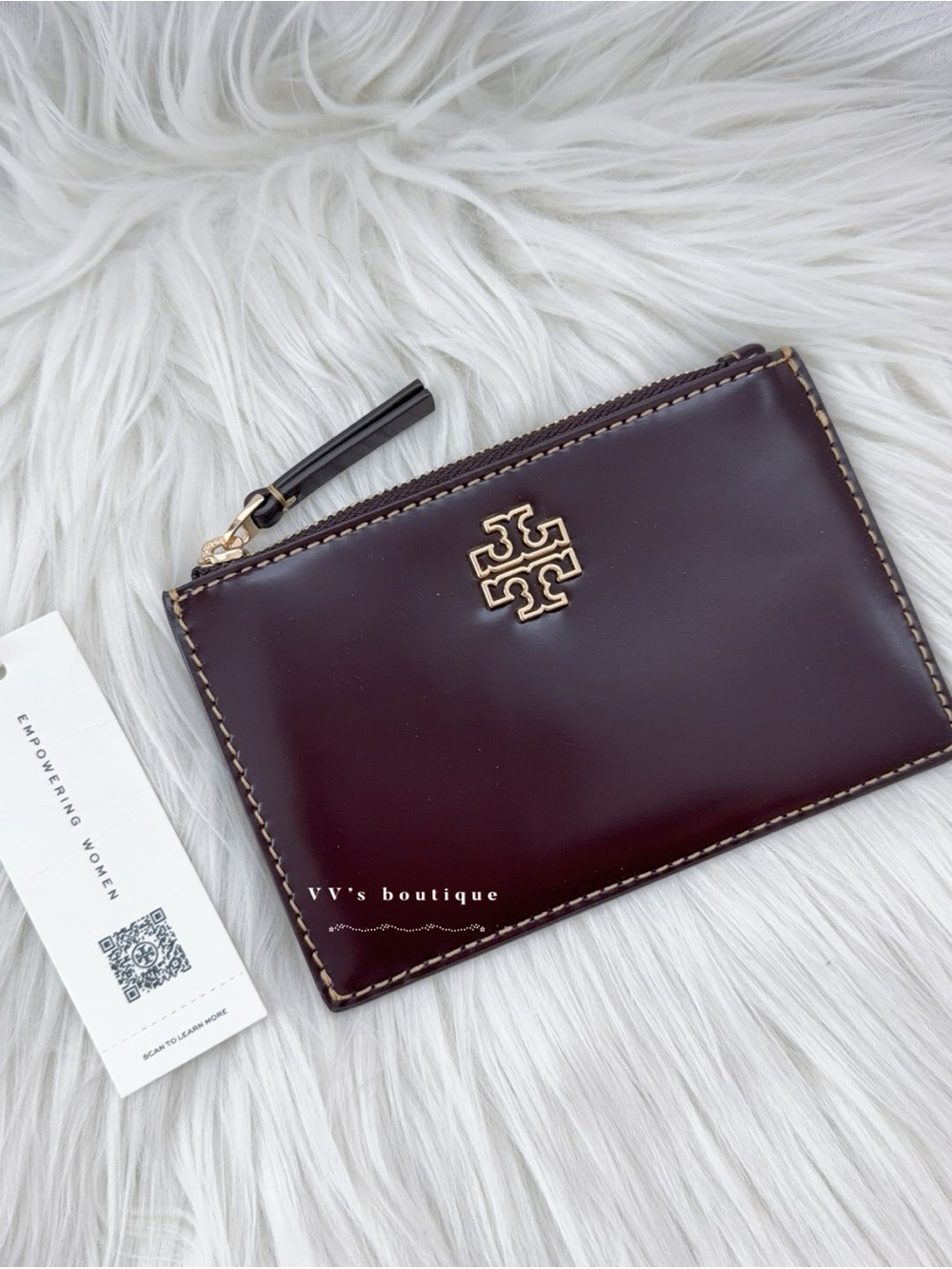 NWT Tory Burch Britten Smooth Leather Zip Card Holder Tempranillo Wine 141065